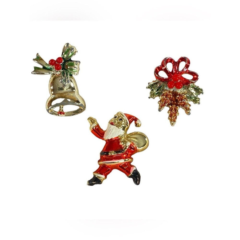Vintage Gold Tone Christmas Pin Trio Santa Hoilday Bell Pine Cone Festive Brooch